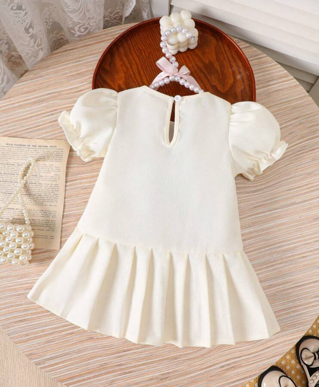 Cozy Baby Girl White Puff Sleeve Dress with Bow, Pleated Hem Elegant Party Outfit for Spring, Summer & Fall