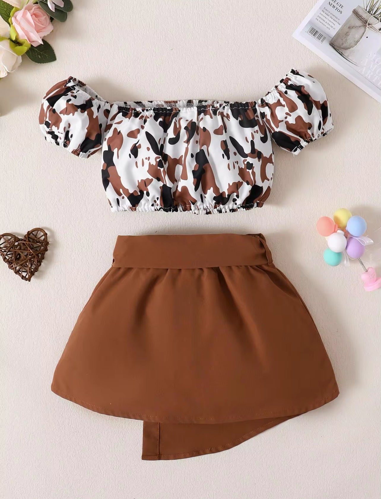 Halloween Toddler Girl Cow Print Crop Top & Bow Skirt Set