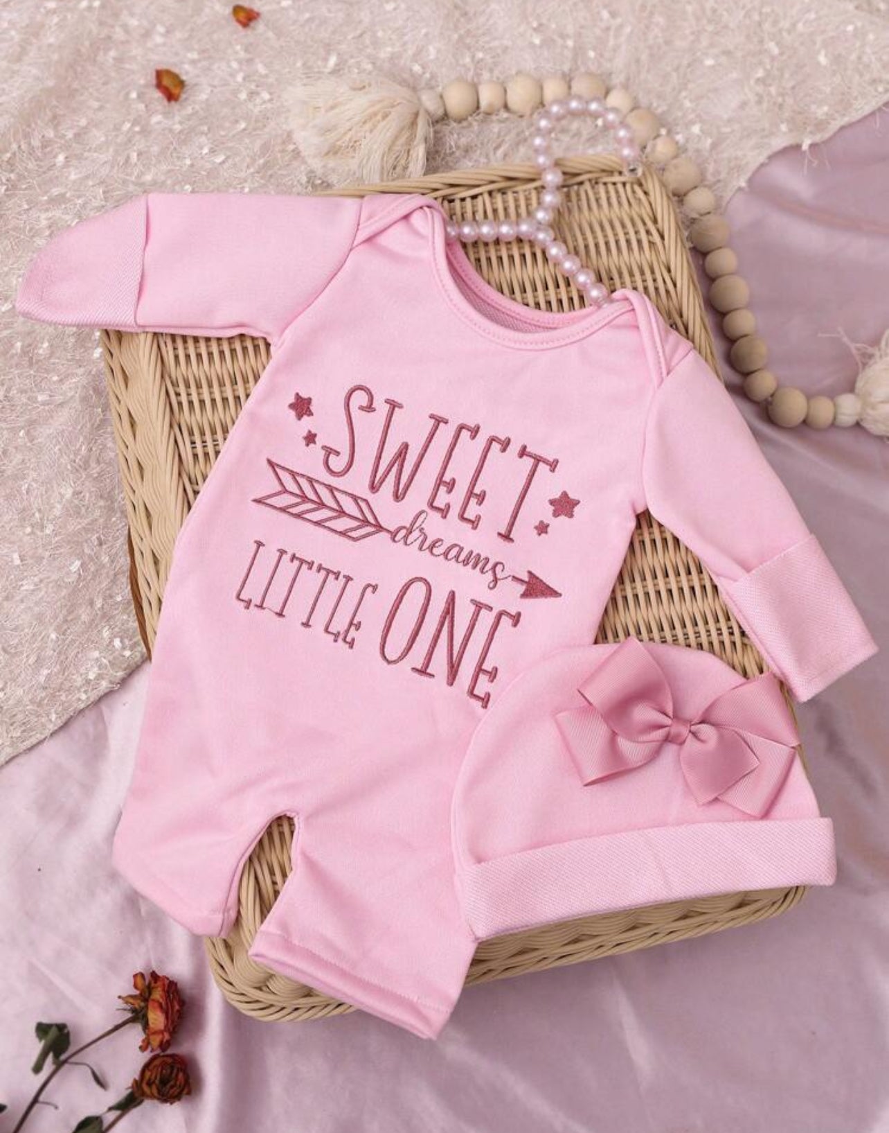 Newborn Baby Girl Outfit Embroidered Letter Romper with Bow Headband 2- Piece