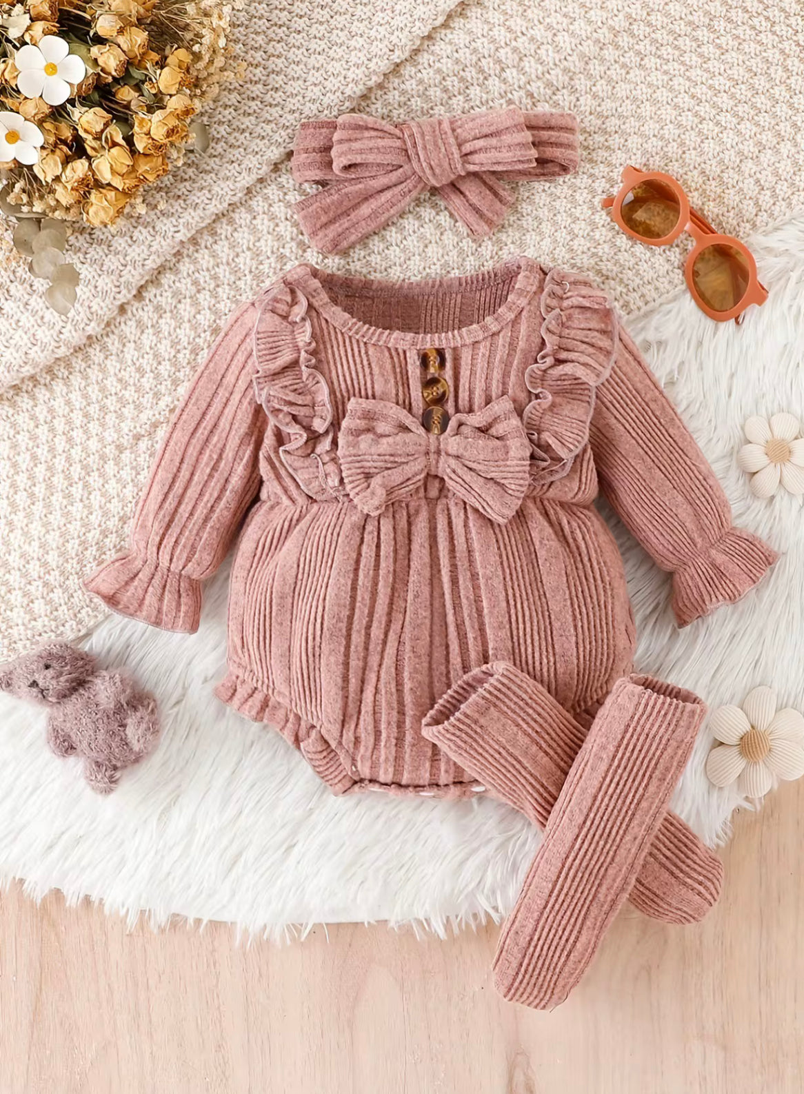 3-Piece Ruffle Bow Jumpsuit, Legging Socks & Matching Headband