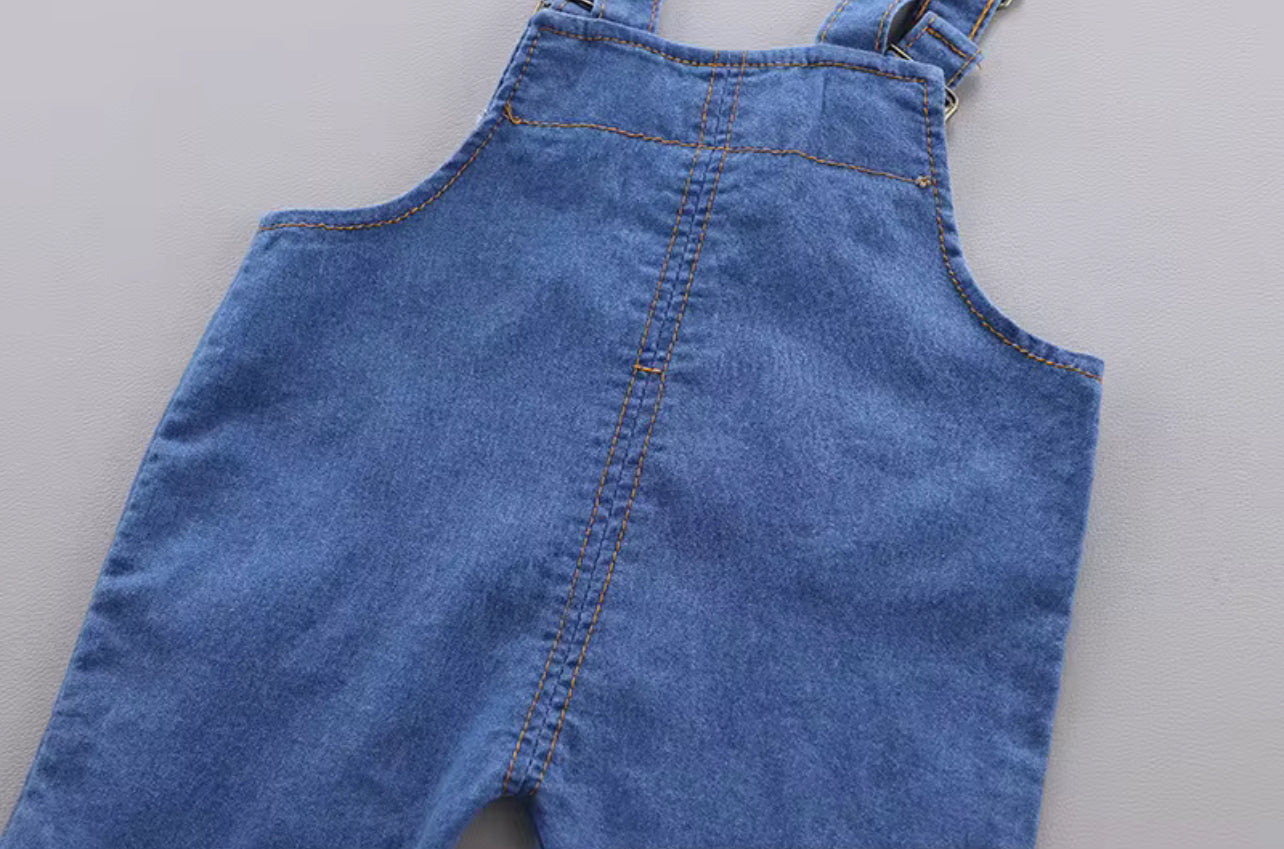 Giraffe Polo Shirt & Denim Suspender Pants 2-Piece Outfit