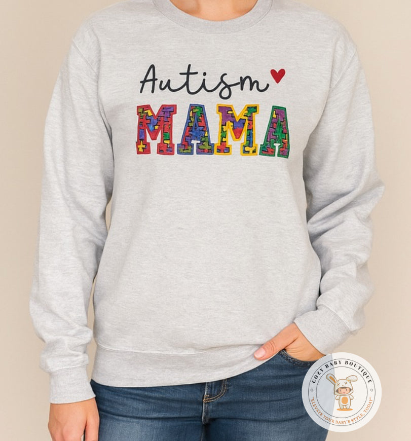Autism MAMA, PAPA, GRANDMA, GRANDPA Embroidered Sweatshirt Personalized | Add Sleeve Name or Special Phrase