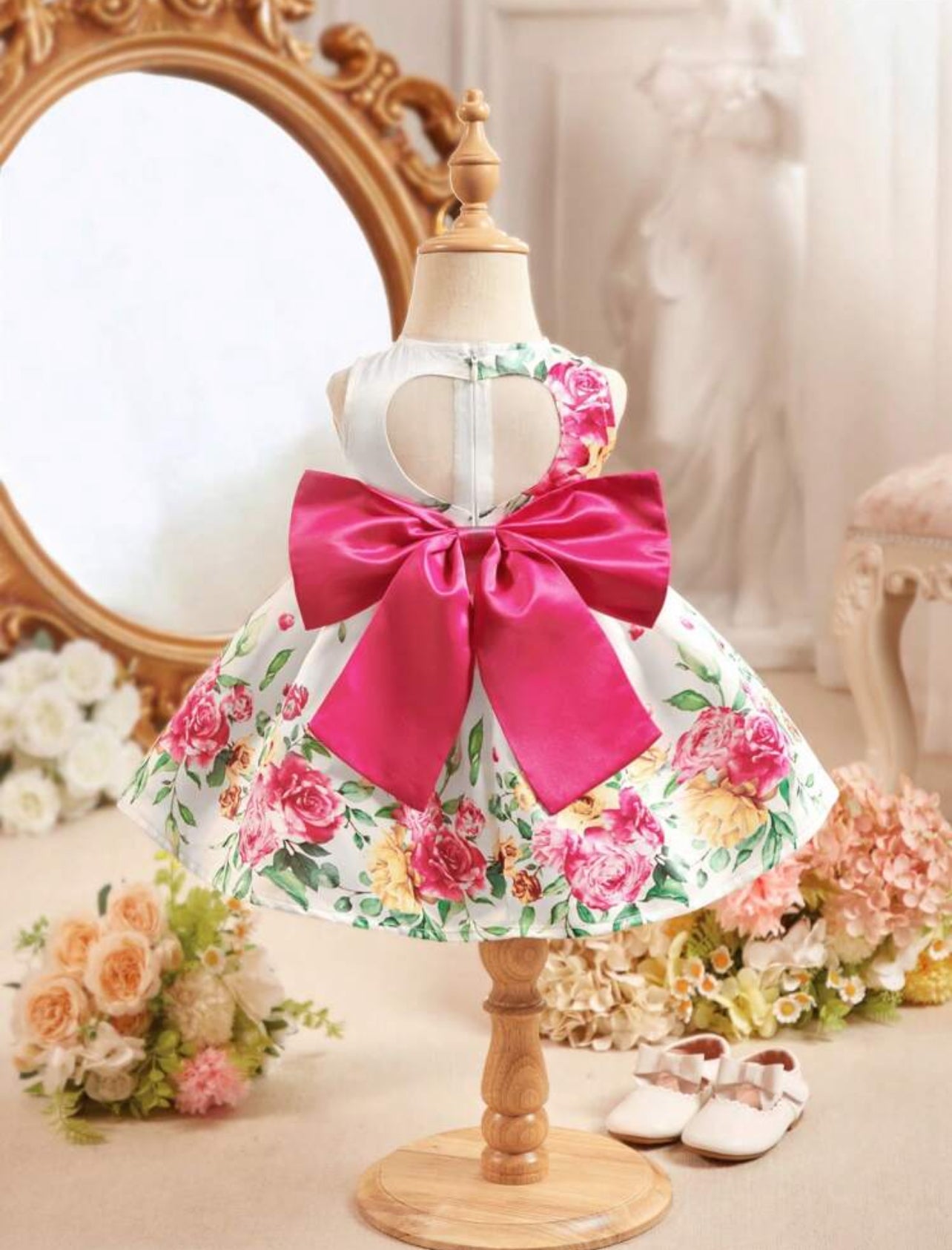 Sweet Blossom Floral Baby Dress Summer Short Sleeve with Heart Cut-Out Back