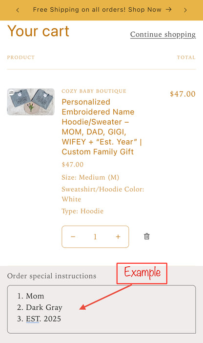Personalized Embroidered Name Hoodie/Sweater – MOM, DAD, GIGI, WIFEY + EST. Year