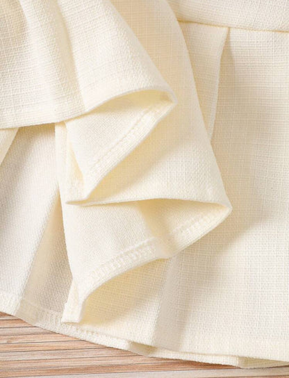 Cozy Baby Girl White Puff Sleeve Dress with Bow, Pleated Hem Elegant Party Outfit for Spring, Summer & Fall
