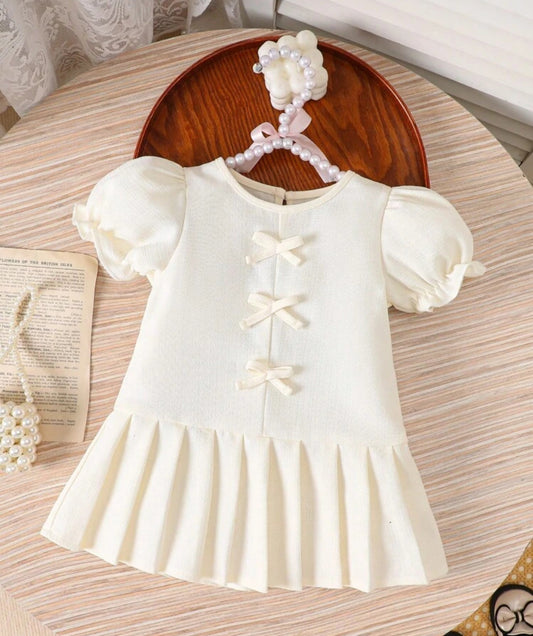 Cozy Baby Girl White Puff Sleeve Dress with Bow, Pleated Hem Elegant Party Outfit for Spring, Summer & Fall
