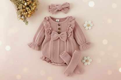 Ruffle Bow Jumpsuit, Legging Socks & Matching Headband 3pcs