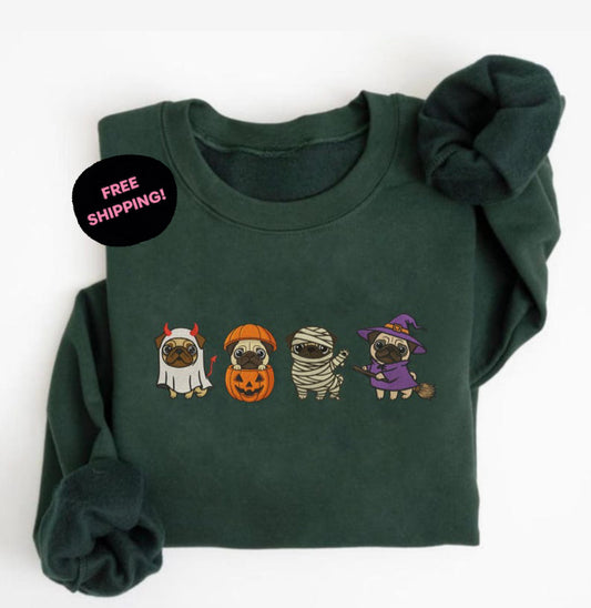 Pug-O-Ween Embroidered Sweatshirt + Sleeve Name (Optional)