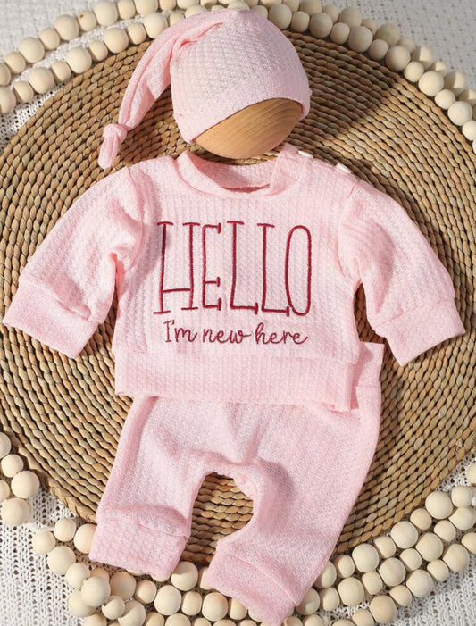 Newborn 'HELLO' Embroidered 3-Piece Outfit Cozy Baby Photoshoot Set