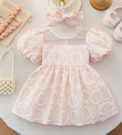 Baby Girl Floral Ruffle Sleeve Dress with Matching Headband Cute Short Sleeve Outfit for Everyday Wear & Special Occasions