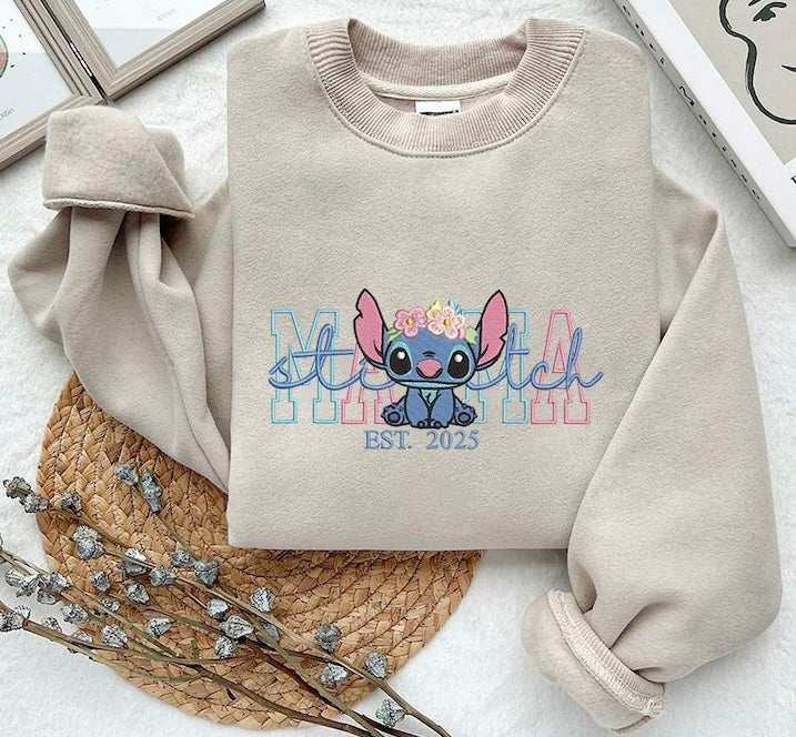 Mama Sweatshirt with Blue Alien Stitch Sleeve Name(s) Optional