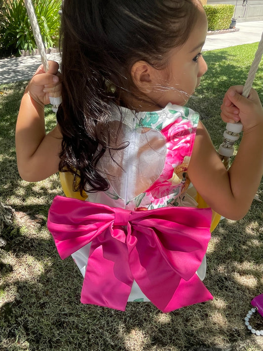 Blossom Floral Baby Dress Heart Cut-Out Back with Detachable Bow