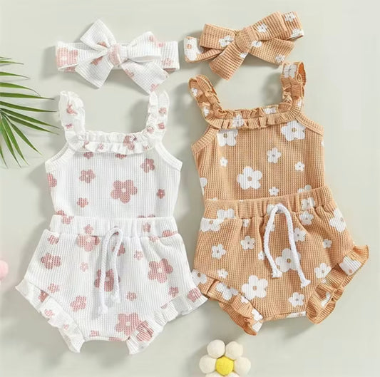 Newborn/Girl Summer Set with Floral Romper, Ruffle Bloomer Shorts & Headband