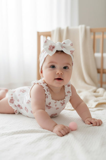 Newborn Girl Summer Set with Floral Romper, Ruffle Bloomer Shorts & Headband