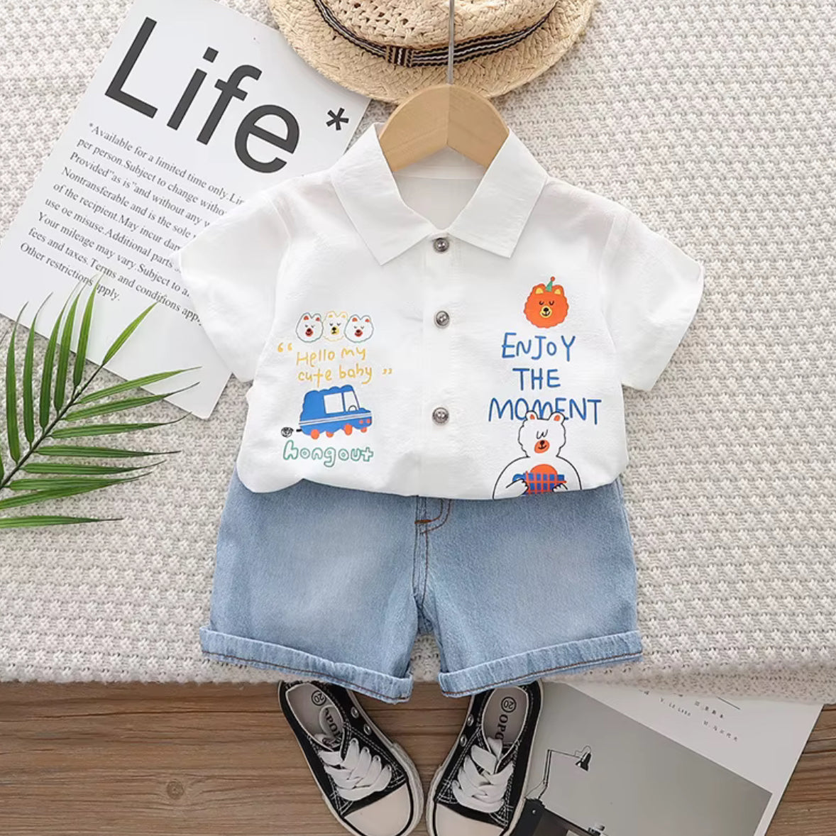 Boys Set – Bear & Car Print T-Shirt with Denim Shorts