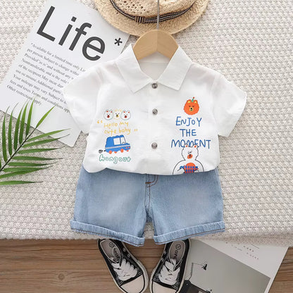 Boys Set – Bear & Car Print T-Shirt with Denim Shorts