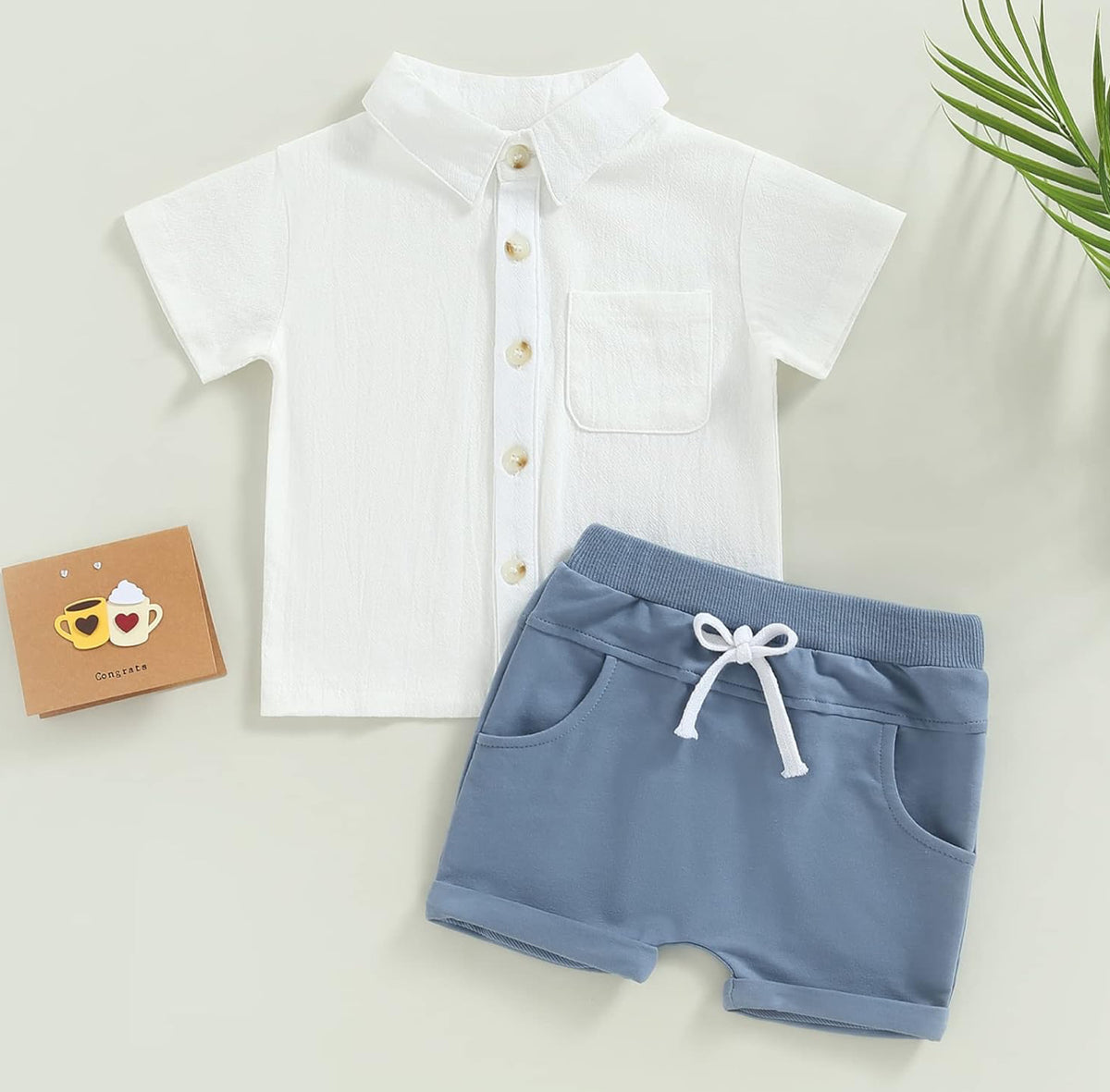 Solid Color Button-Up T-Shirt & Shorts