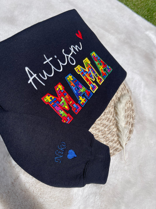 Autism MAMA, PAPA, GRANDMA, GRANDPA Embroidered Sweatshirt Personalized | Add Sleeve Name or Special Phrase