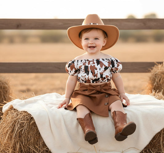 Toddler Girl Cow Print Crop Top & Bow Skirt Set