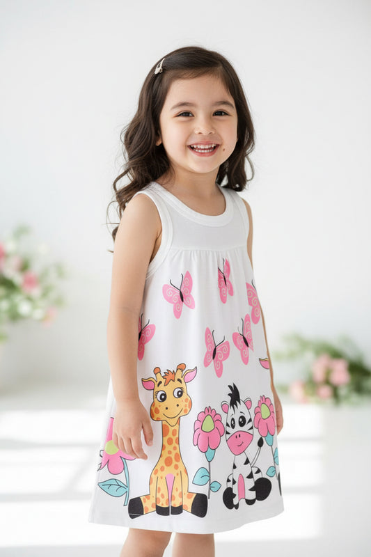 Baby Girls Short Sleeve Dress with Giraffe, Zebra, Flowers & Butterfly Print
