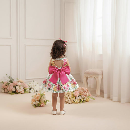 Big Bow Blossom Floral Dress Heart Cut-Out Detachable Bow
