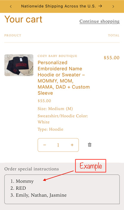 Personalized Embroidered Name Hoodie or Sweater – MOMMY, MOM, MAMA, DAD and more + Custom Sleeve name(s)