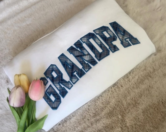 Keepsake Sweatshirt with Special Family Fabric | Custom GRANDPA, GRANDMA, ABUELO, ABUELA etc. (Optional) Sleeve Name(s)