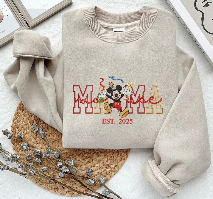 Mama Sweatshirt with Classic Mouse Embroidered Sleeve Name(s) Optional