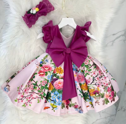 Girl 3D Flower Print Birthday Dress with Big Bow & Headband