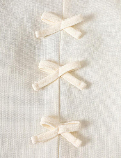 Cozy Baby Girl White Puff Sleeve Dress with Bow, Pleated Hem Elegant Party Outfit for Spring, Summer & Fall