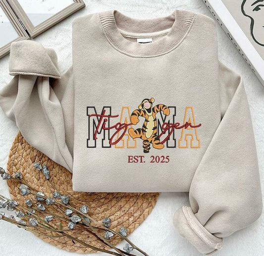 Mama Sweatshirt with Bouncy Tiger Embroidered  Sleeve Name(s) Optional