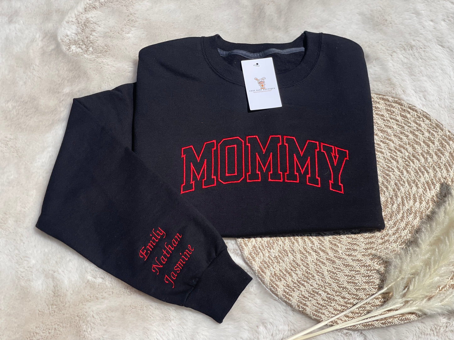 Personalized Embroidered Name Hoodie or Sweater – MOMMY, MOM, MAMA, DAD and more + Custom Sleeve name(s)