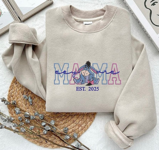Mama Sweatshirt with Blue Donkey Cartoon Embroidered Sleeve Name(s) Optional