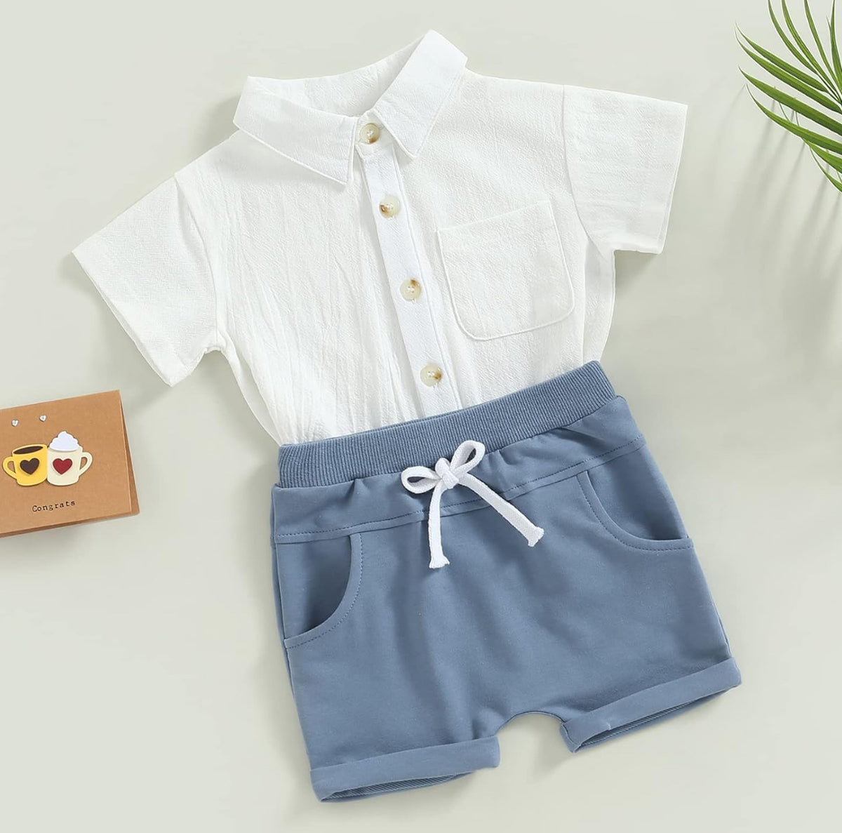 Solid Color Button-Up T-Shirt & Shorts