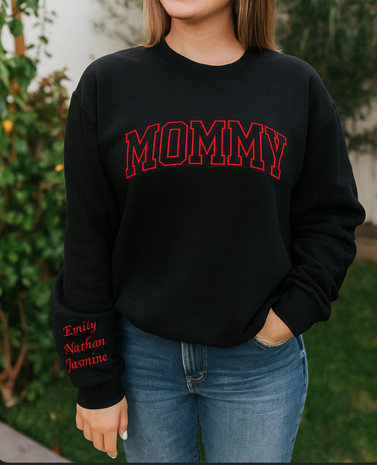 Personalized Embroidered Name Hoodie or Sweater – MOMMY, MAMA, DAD + (Custom Sleeve Option)