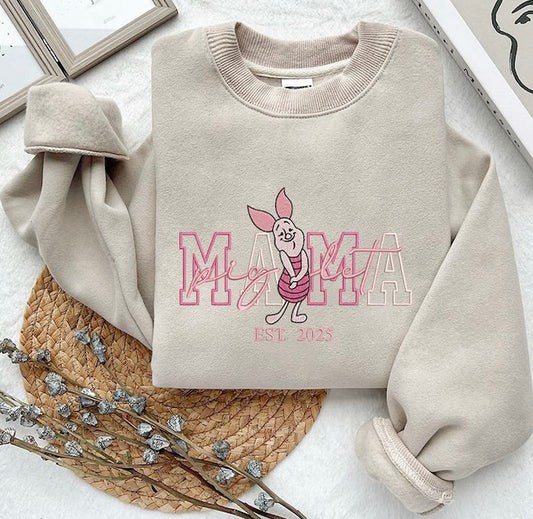 Mama Sweatshirt with Pink Pig Cartoon Embroidered Sleeve Name(s) Optional