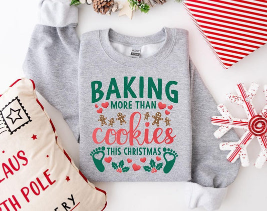 “Baking More Than Cookies This Year” Maternity Christmas Shirt Cute Holiday Pregnancy Reveal Tee