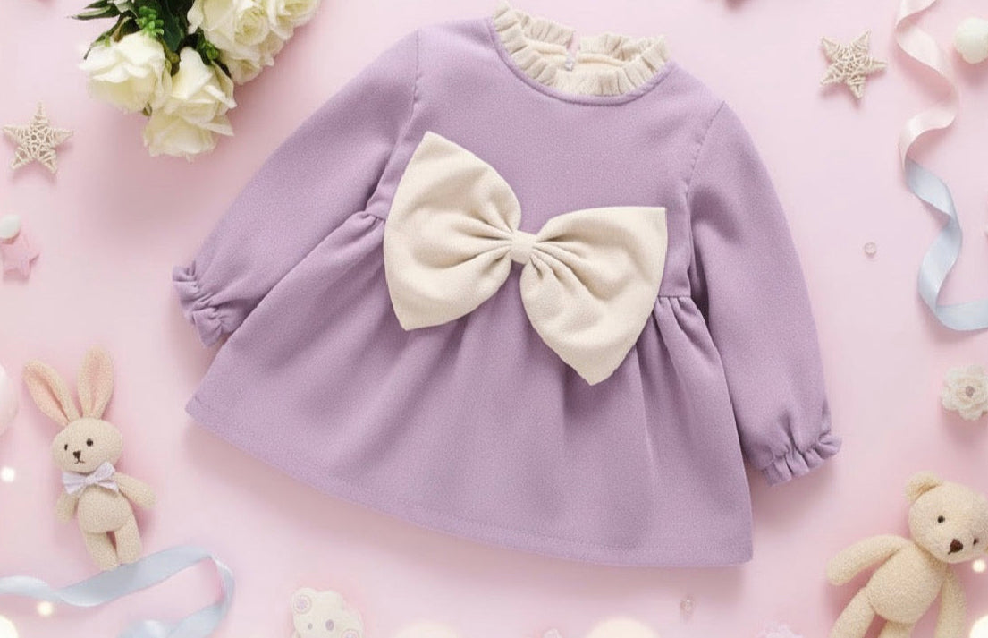 Girls Jumbo Bow Dress Long Sleeve, Warm & Soft Linen-Lined