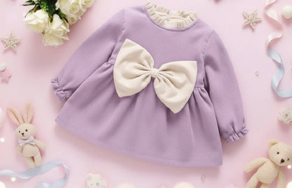 Girls Jumbo Bow Dress Long Sleeve, Warm & Soft Linen-Lined