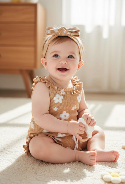 Newborn Girl Summer Set with Floral Romper, Ruffle Bloomer Shorts & Headband