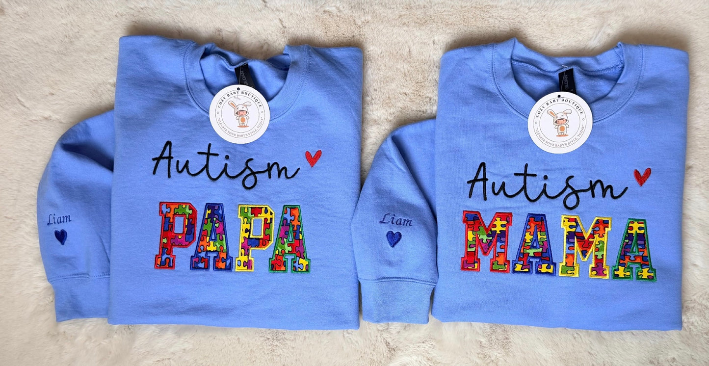 Autism MAMA, PAPA, GRANDMA, GRANDPA Embroidered Sweatshirt Personalized