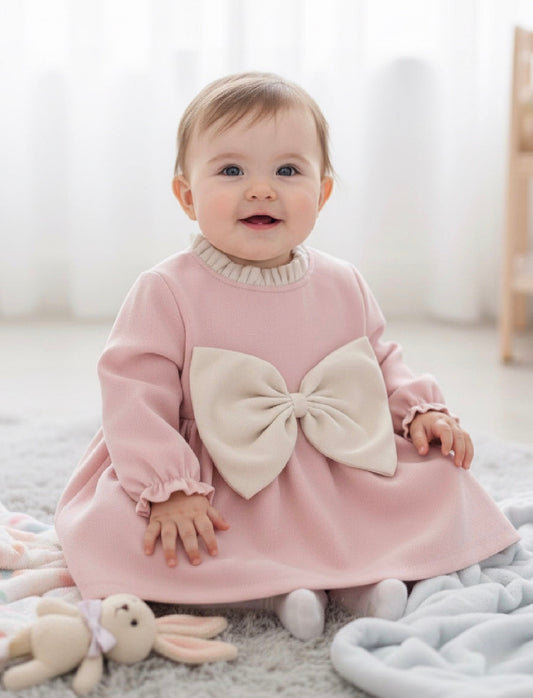 Girls Jumbo Bow Dress Long Sleeve, Warm & Soft Linen-Lined