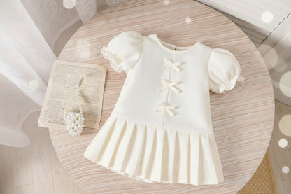 Baby Girl White Puff Sleeve Bow Dress Elegant Party Outfit