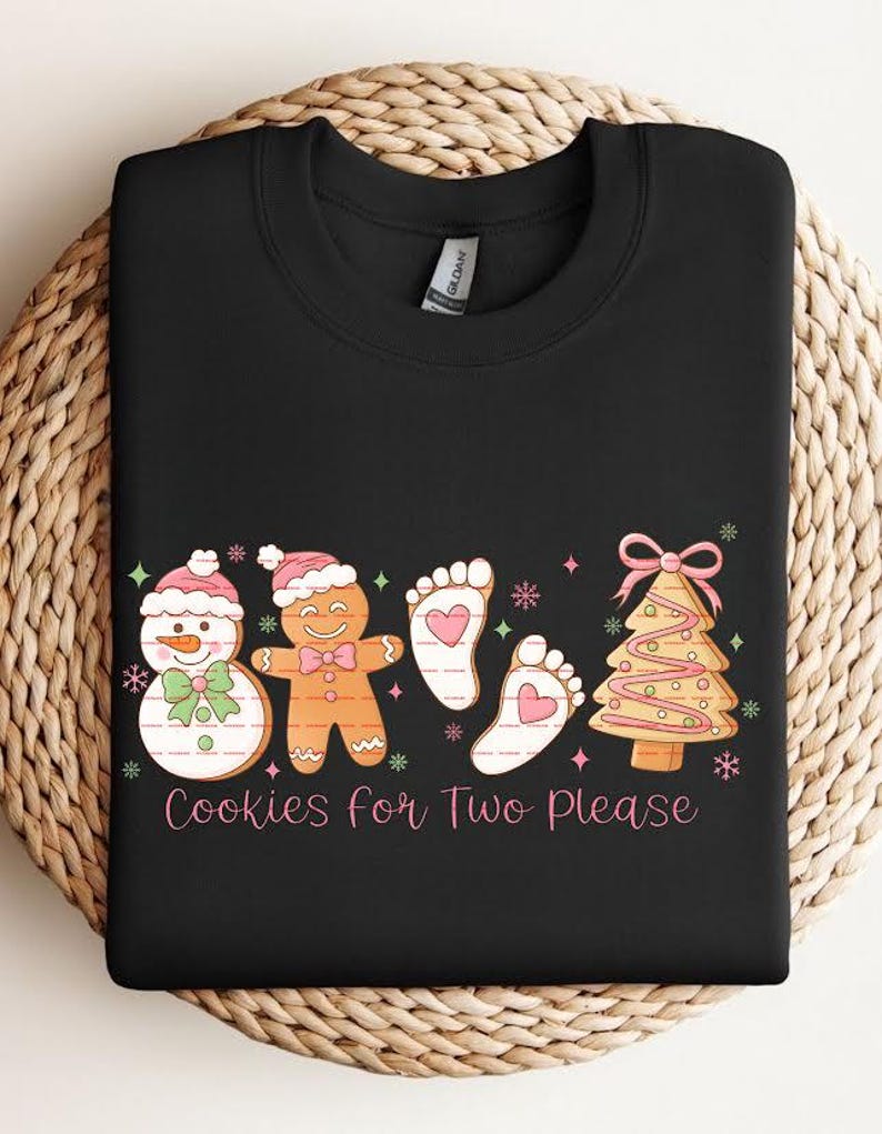 Expecting Mom Christmas T-Shirt “Cookies for Two Please” Festive Baby Reveal
