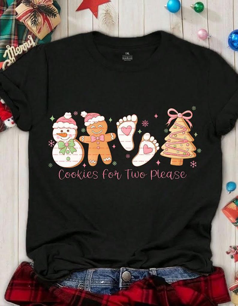 Expecting Mom Christmas T-Shirt “Cookies for Two Please” Festive Baby Reveal