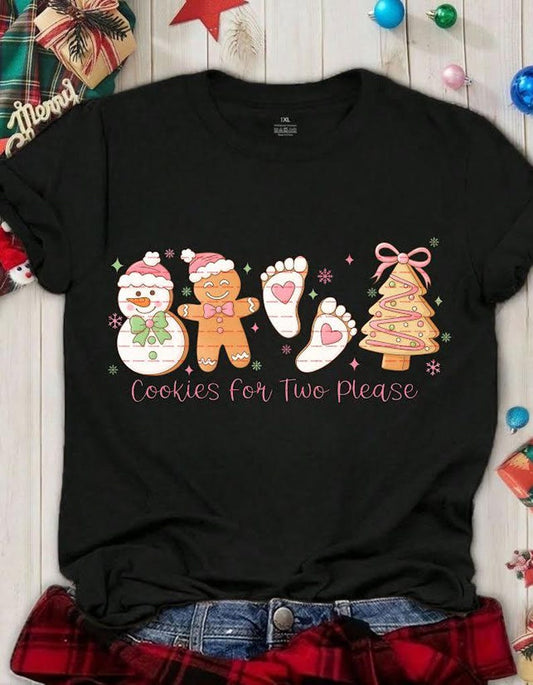 Expecting Mom Christmas T-Shirt “Cookies for Two Please” Festive Baby Reveal