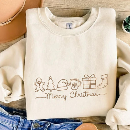 Merry Christmas Sweatshirt Embroidered Holiday Icons