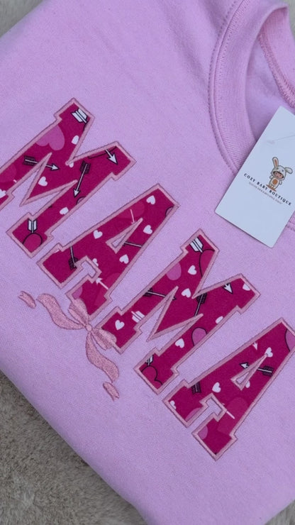 Valentine Mama Sweatshirt | Pink Hearts & Arrow + Sleeve Name (optional)